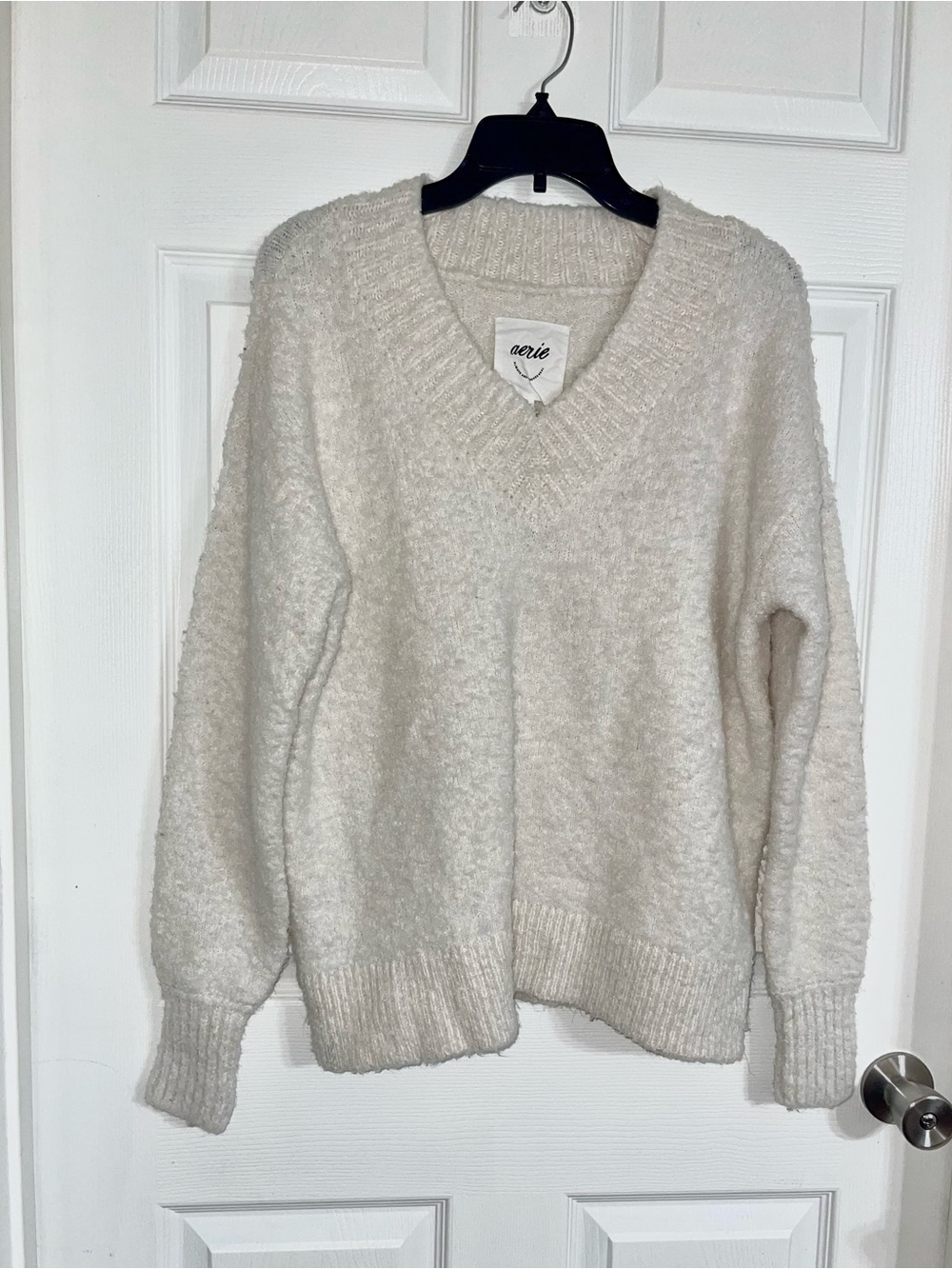 aerie Cream Cozy V-Neck Plush Sweater